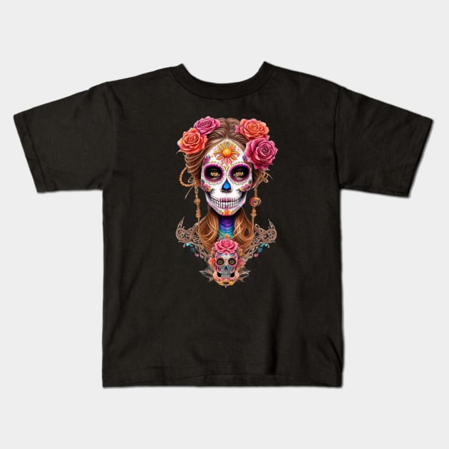 Embody the Spirit of Dia de los Muertos with Stunning Woman in Sugar Skull Makeup Kids T-Shirt by ImaginativeInkPOD